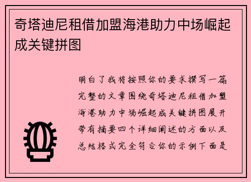 奇塔迪尼租借加盟海港助力中场崛起成关键拼图 奇塔迪尼租借加盟海港助力中场崛起成关键拼图